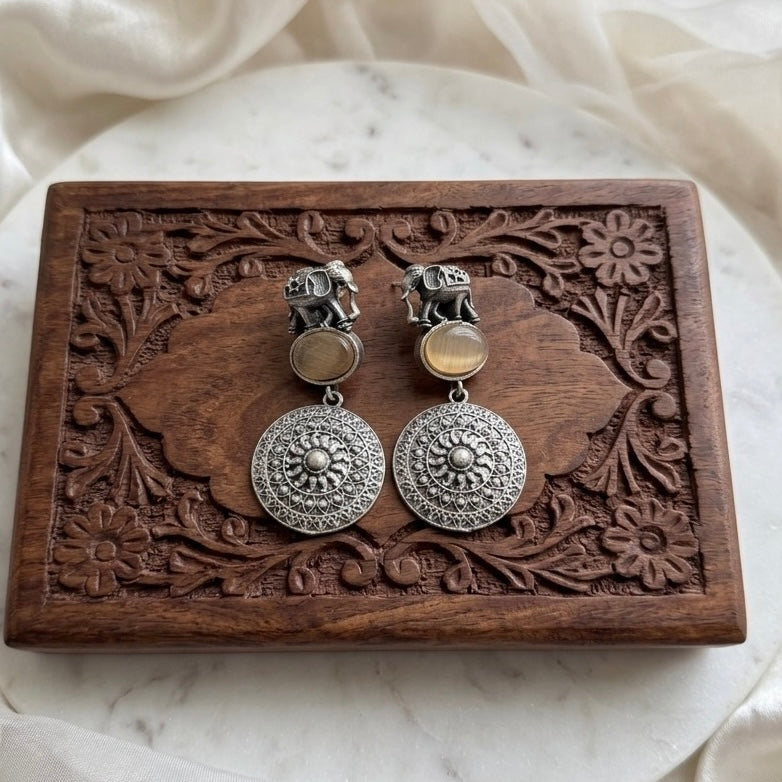 Elephant Silver Stud Earrings with color stones