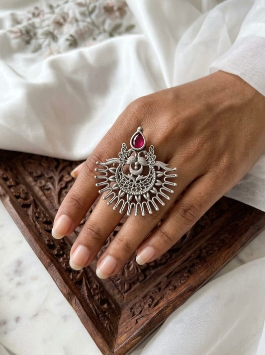 Statement Adjustable Ring oxidised German silver Rings saree kurta Bloom - By Sushmita India Navratri Diwali Ganpati holi Eid
