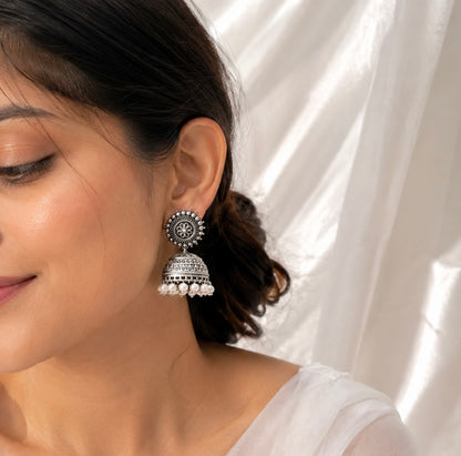 Mahima Silver White Pearl Jhumka | German Silver Earrings