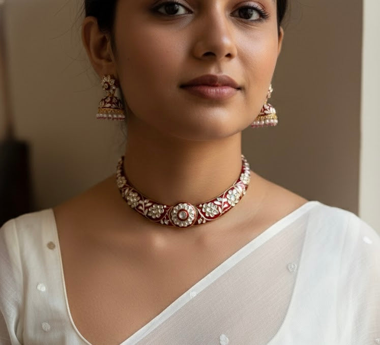 Rajwada - heritage 18k gold plated kundan necklace set with meenakari work