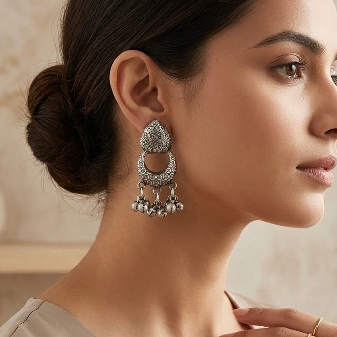 Chaand Earrings with ghungru | German Silver Earrings