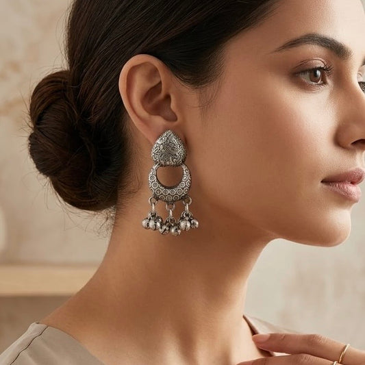 Chaand Earrings with ghungru | German Silver Earrings