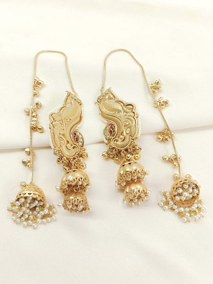 Saraswati  | gold plated kundan Earrings with chain | ghungru Earrings