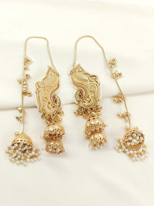 Saraswati  | gold plated kundan Earrings with chain | ghungru Earrings