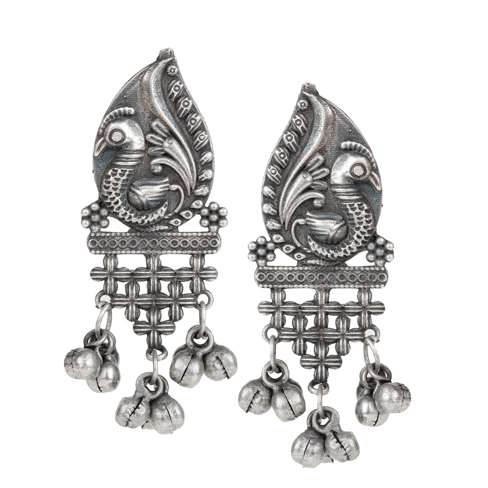 Sarita Silver Peacock Earrings With Ghungru