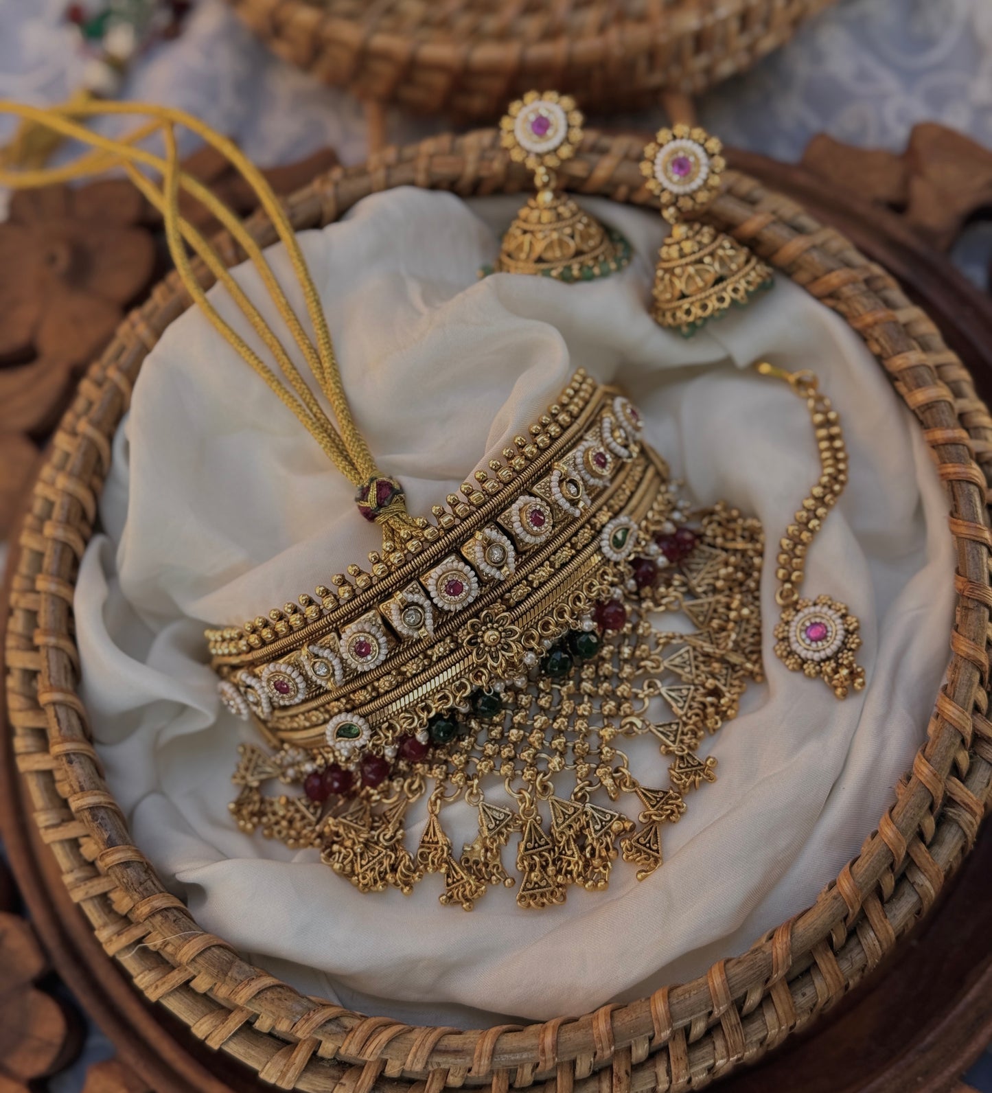 Kangana | Handcrafted rajwadi choker Necklace- heritage 18k gold plated temple necklace set