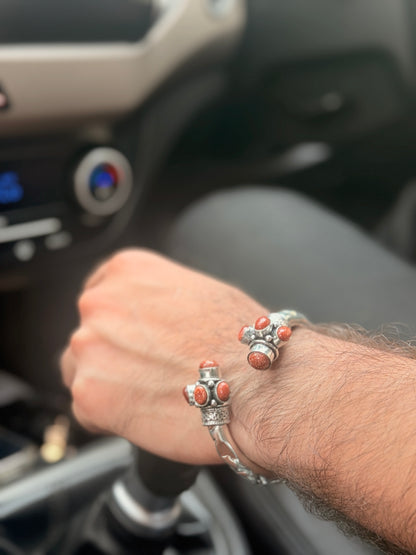 German Oxidised Silver Tribal Kada with Stone Antique Design Indian Kada Bangle Bracelet for Men & Women
