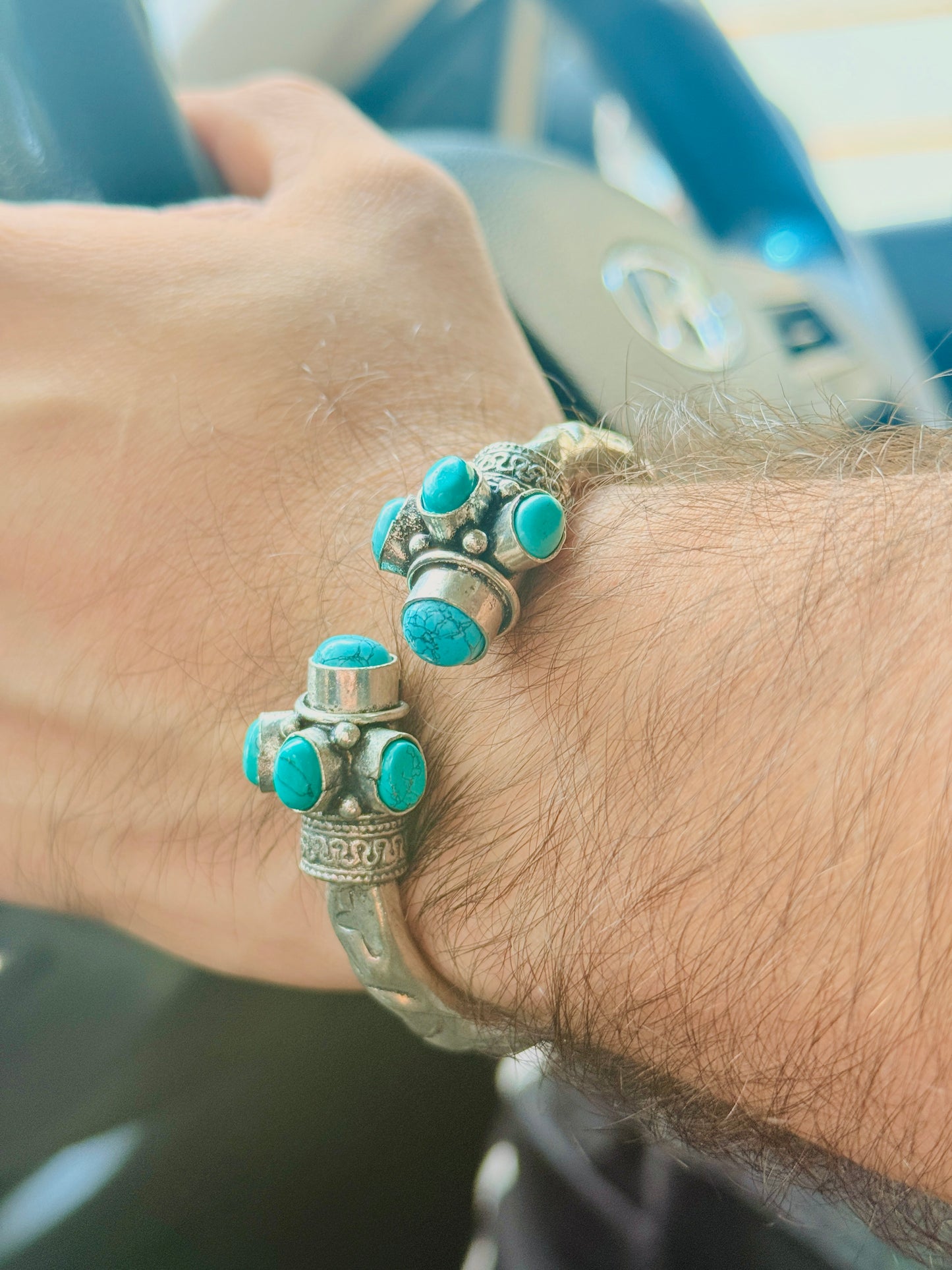 German Oxidised Silver Tribal Kada with Stone Antique Design Indian Kada Bangle Bracelet for Men & Women