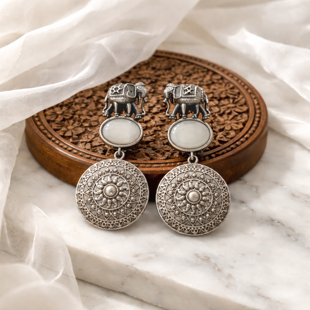 Elephant Silver Stud Earrings with color stones