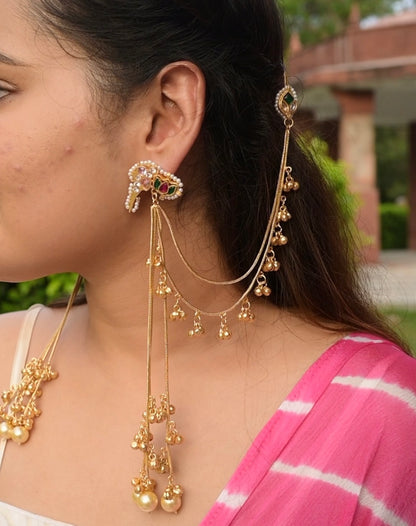 Kashmiri Jhumka with Earchain | Golden Ghungru tassel Jhumka Earringi