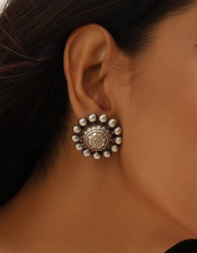 Mandala Silver Stud Earrings - Bloom - By Sushmita