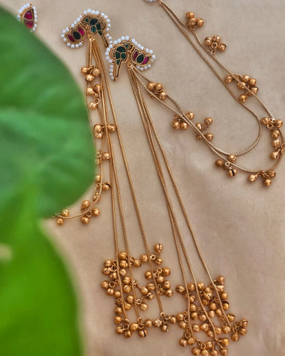 Kashmiri Jhumka with Earchain | Golden Ghungru tassel Jhumka Earringi