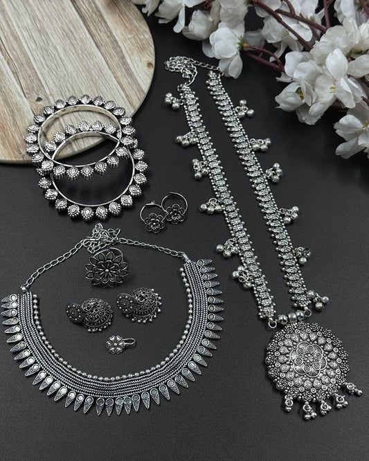 7-Piece German Silver Jewellery Gift Combo Set | Necklace, Jhumka, Bangles & More | Bloom By Sushmita