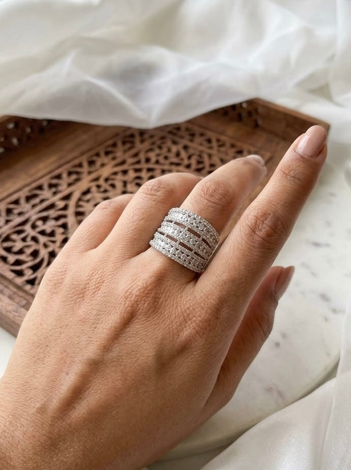 Rhodium Plated Zirconia Studded American diamond adjustable Ring| Hand Jewelry oxidised German silver Rings saree kurta Bloom - By Sushmita India Navratri Diwali Ganpati holi Eid