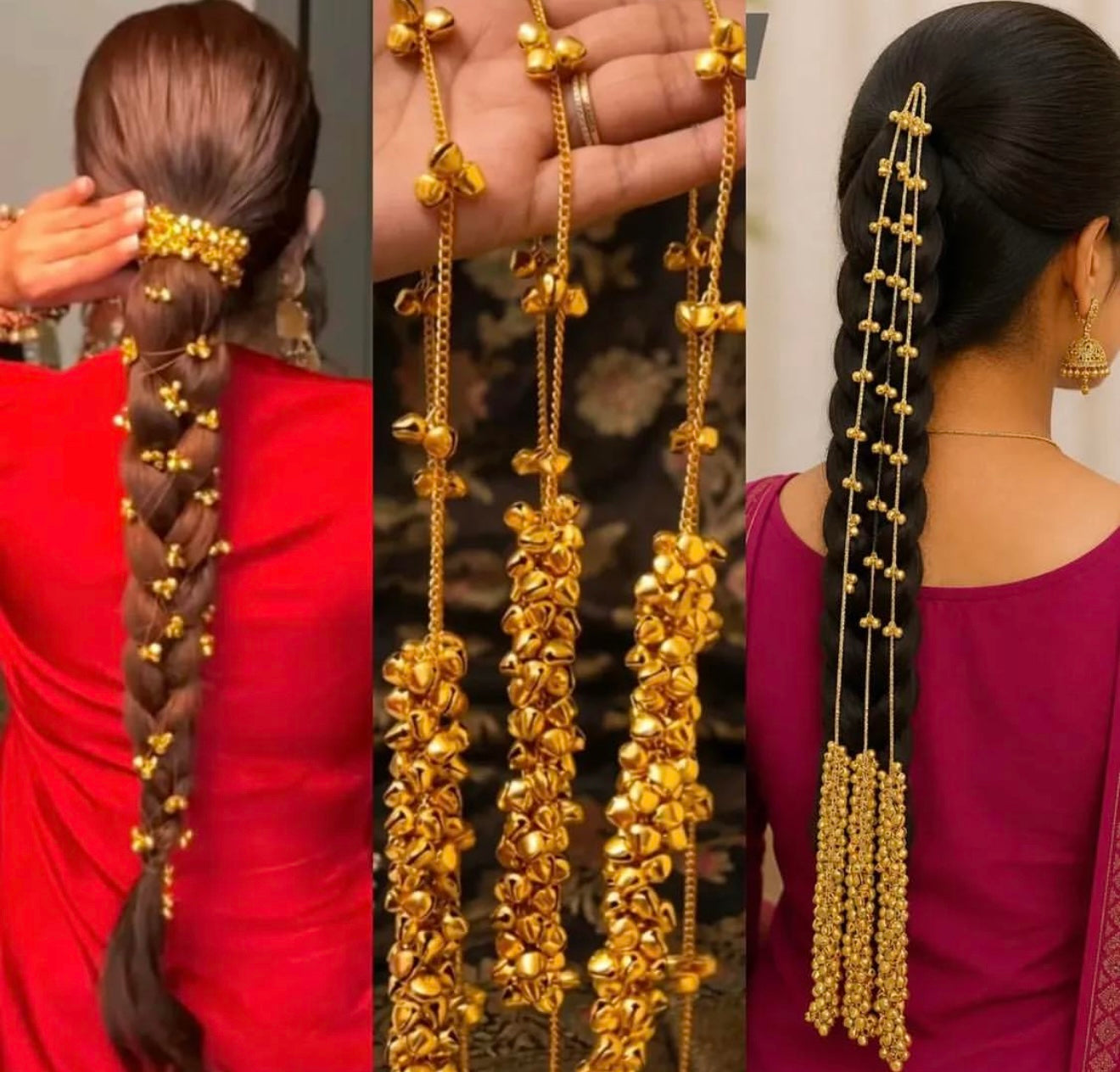 Hair Accessory | golden ghungru Paranda oxidised German silver saree kurta Bloom - By Sushmita India Navratri Diwali Ganpati holi Eid