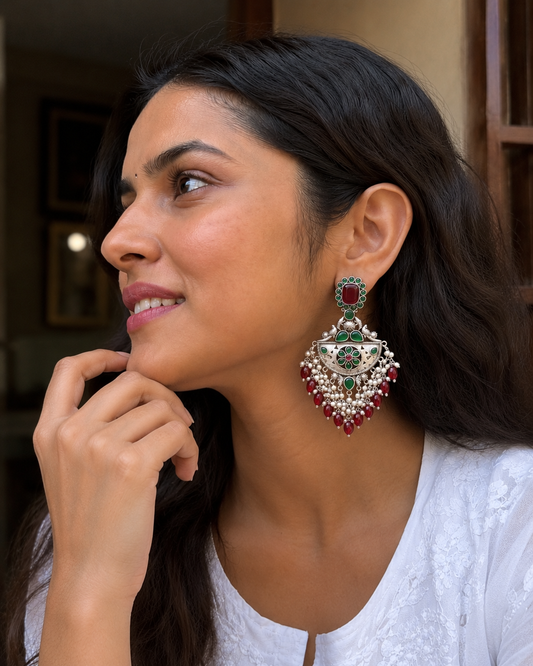 Alankara | Monalisa Stone silver Jhumka with white pears