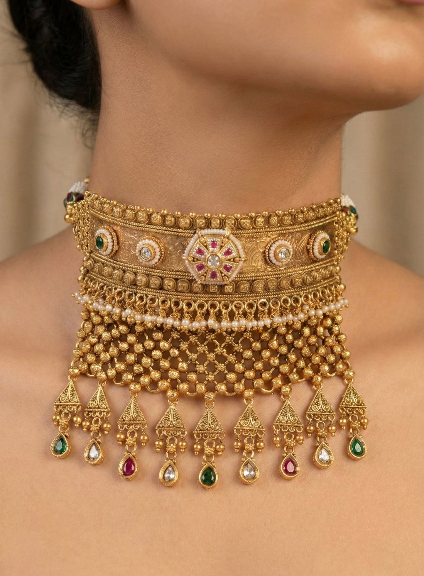 Handcrafted rajwadi choker Necklace- heritage 18k gold plated temple necklace set