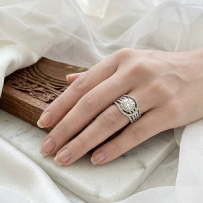 Rhodium Plated Zirconia Studded American diamond adjustable Ring| Hand Jewelry oxidised German silver Rings saree kurta Bloom - By Sushmita India Navratri Diwali Ganpati holi Eid