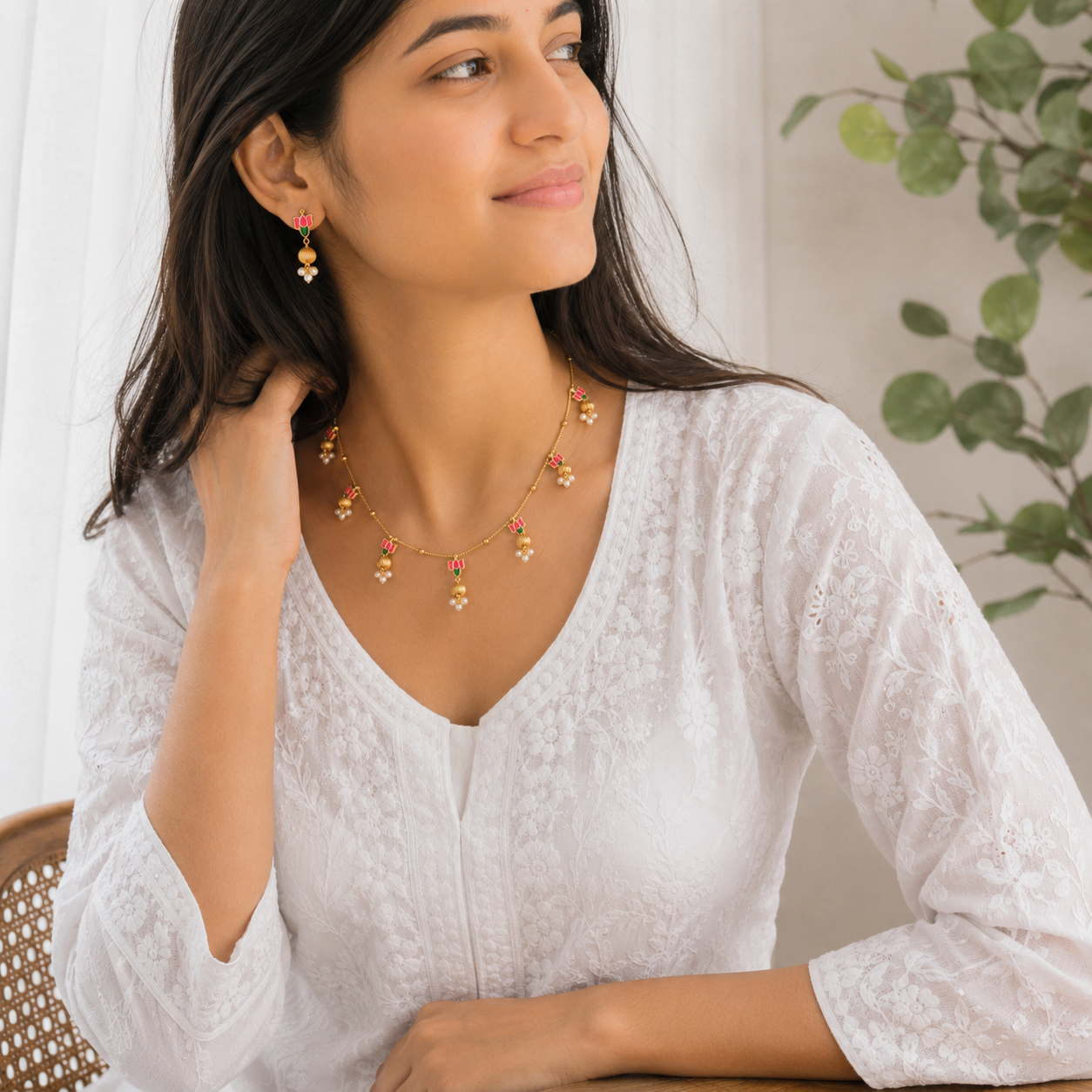 Jyotika Necklace set | Golden minimal necklace with Earrings | Lotus Designed