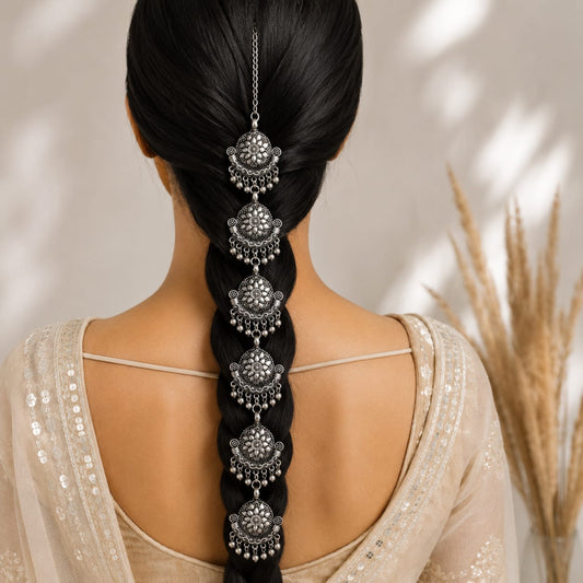 Silver Hair Chain - Choti Phool oxidised German silver saree kurta Bloom - By Sushmita India Navratri Diwali Ganpati holi Eid