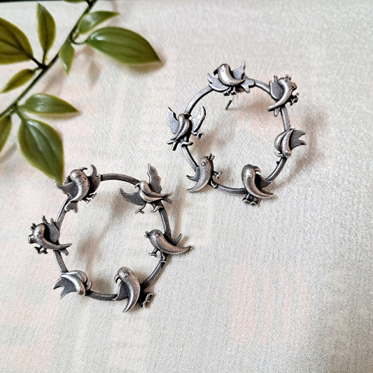 Silver Dancing bird Hoop with Studs Earrings - Bloom - By Sushmita