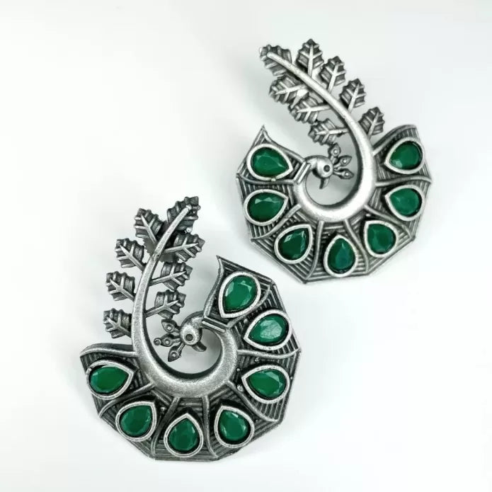 Peacock green Stone Silver Stud Earrings - Bloom - By Sushmita