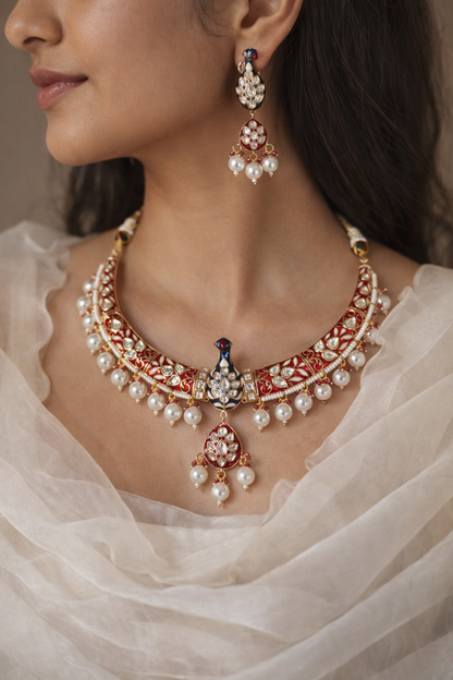 Rajwada - heritage 18k gold plated kundan necklace set with meenakari work | Gangaur