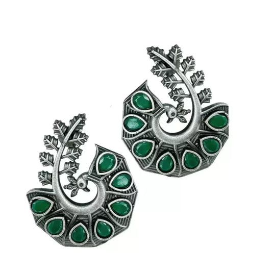 Peacock green Stone Silver Stud Earrings - Bloom - By Sushmita