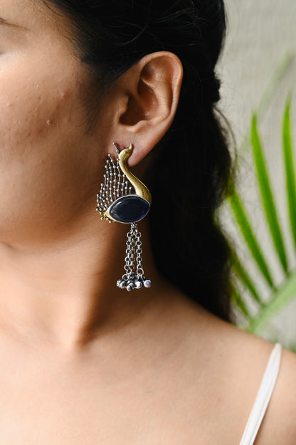 Dual tone peacock Monalisa Stone Earrings with tassel Ghungru