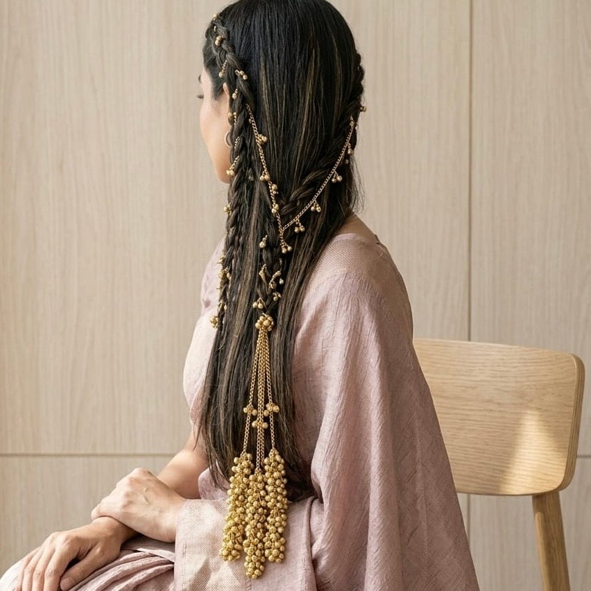 Hair Accessory | golden ghungru Paranda oxidised German silver saree kurta Bloom - By Sushmita India Navratri Diwali Ganpati holi Eid