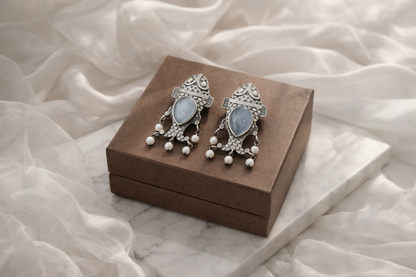 Monalisa stone Statement light-weighted  Fish Design Silver Earrings