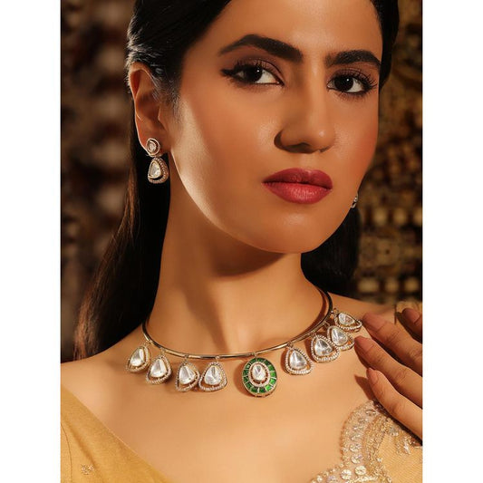 Sara ~ Handcrafted Moissanite Polki Hasli- heritage 18k gold plated kundan necklace set