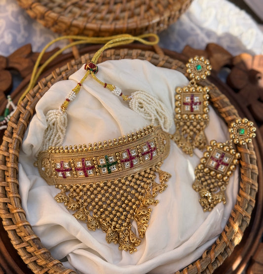 Kangana | Handcrafted rajwadi choker Necklace- heritage 18k gold plated temple necklace set