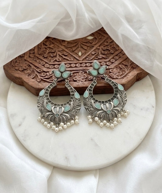Monalisa stone Statement light-weighted Silver Earrings oxidised German silver Earrings saree kurta Bloom - By Sushmita India Navratri Diwali Ganpati holi Eid