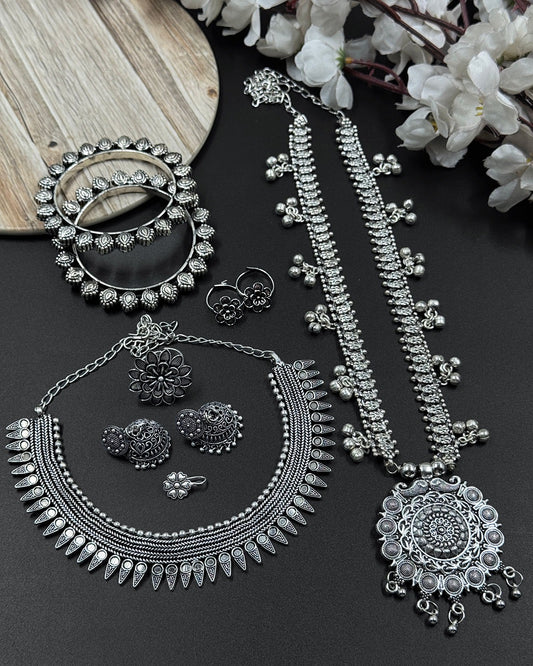 7-Piece German Silver Jewellery Gift Combo Set | Necklace, Jhumka, Bangles & More | Bloom By Sushmita