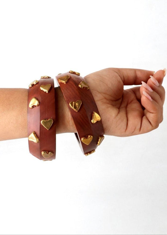 Wooden Statement kada / bracelet with Golden Hearts