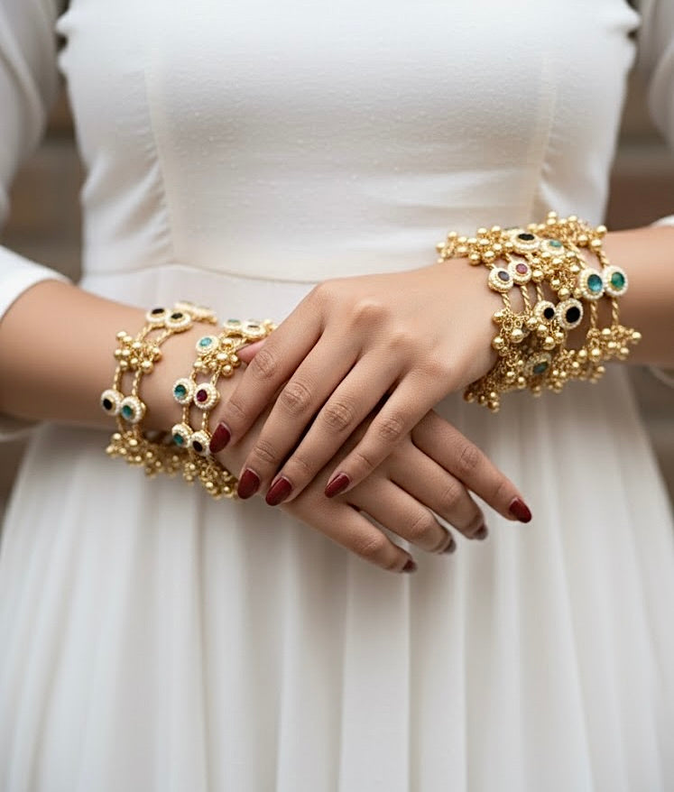Gold plated ghungroo Bangles / kada with multicolor stones (openable)