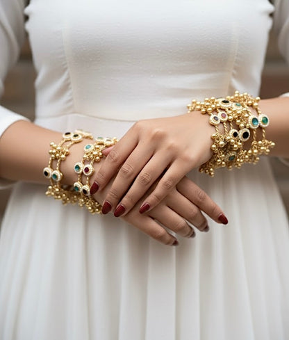 Gold plated ghungroo Bangles / kada with multicolor stones (openable)
