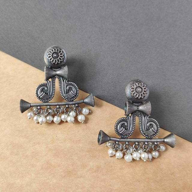 Antique silver lookalike Earrings with white pearls - Bloom - By Sushmita