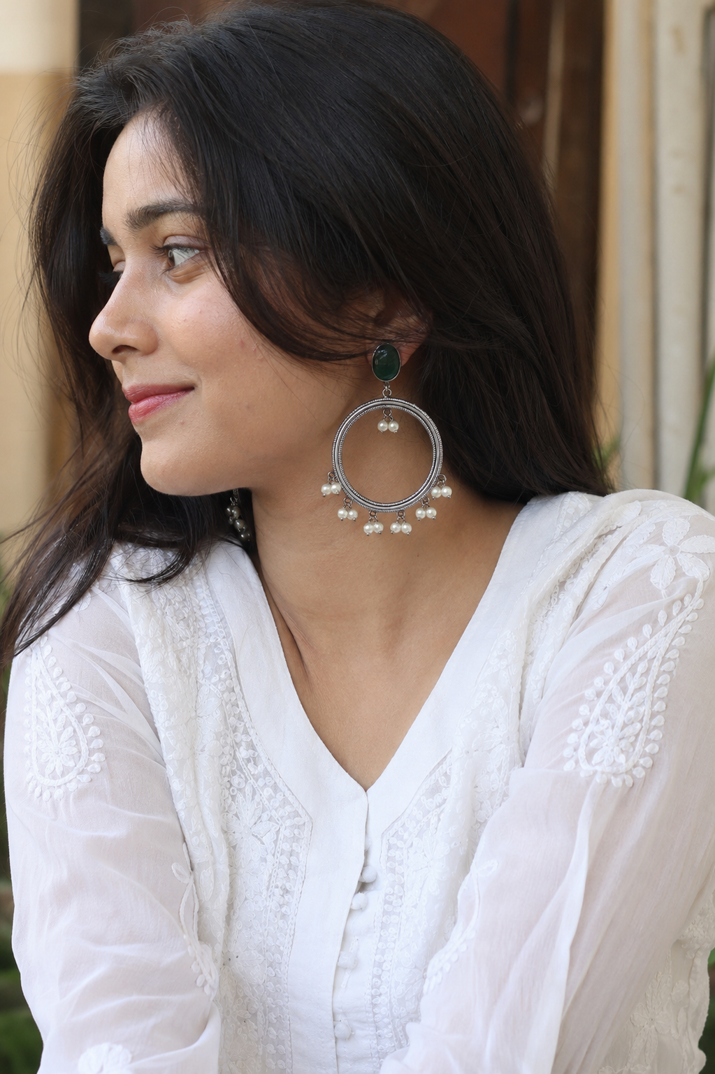 Chaandbaali | Monalisa stone Statement light-weighted  Silver Earrings