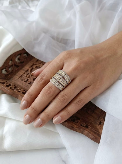 Rhodium Plated Zirconia Studded American diamond adjustable Ring| Hand Jewelry oxidised German silver Rings saree kurta Bloom - By Sushmita India Navratri Diwali Ganpati holi Eid
