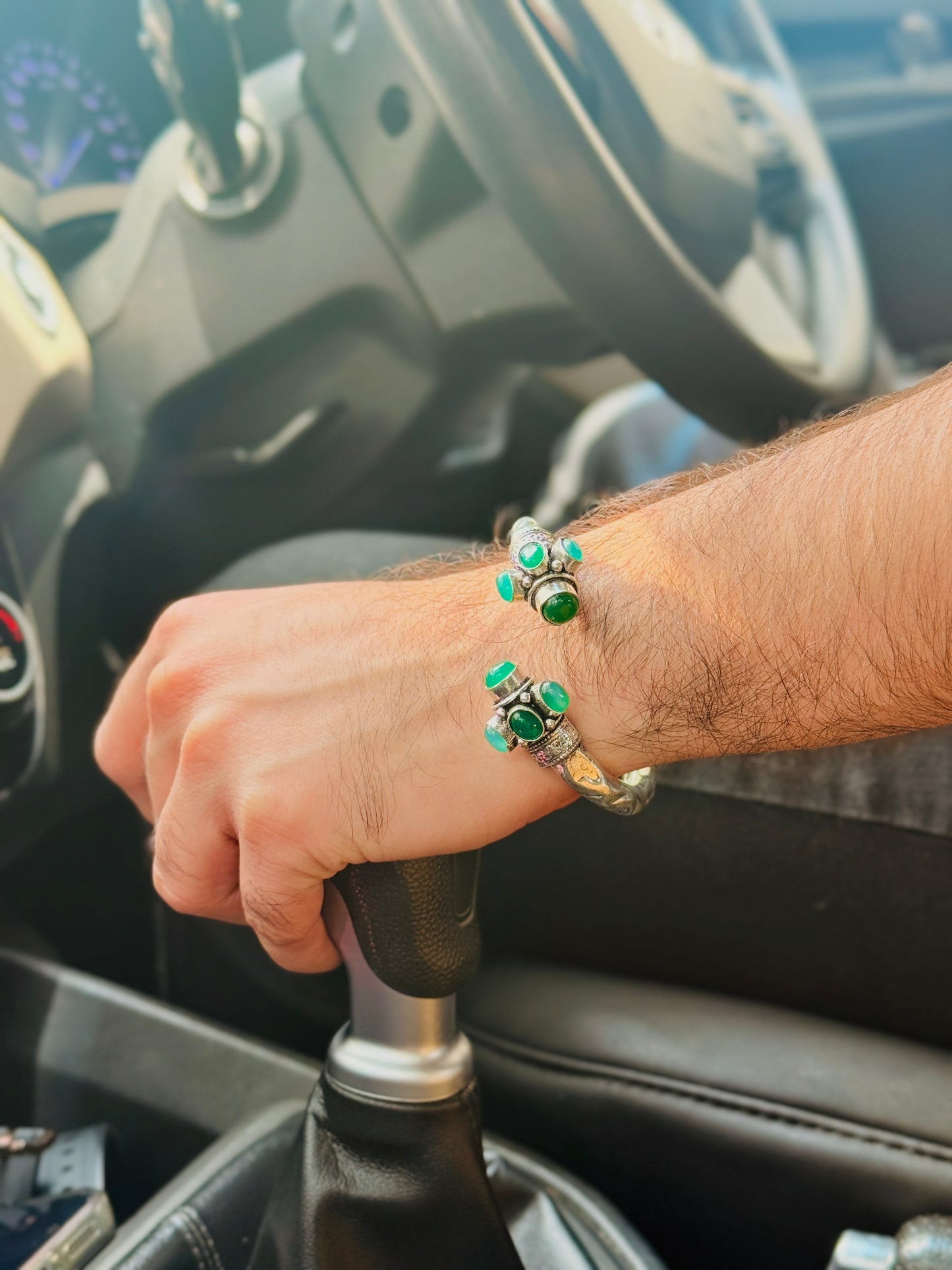 German Oxidised Silver Tribal Kada with Stone Antique Design Indian Kada Bangle Bracelet for Men & Women