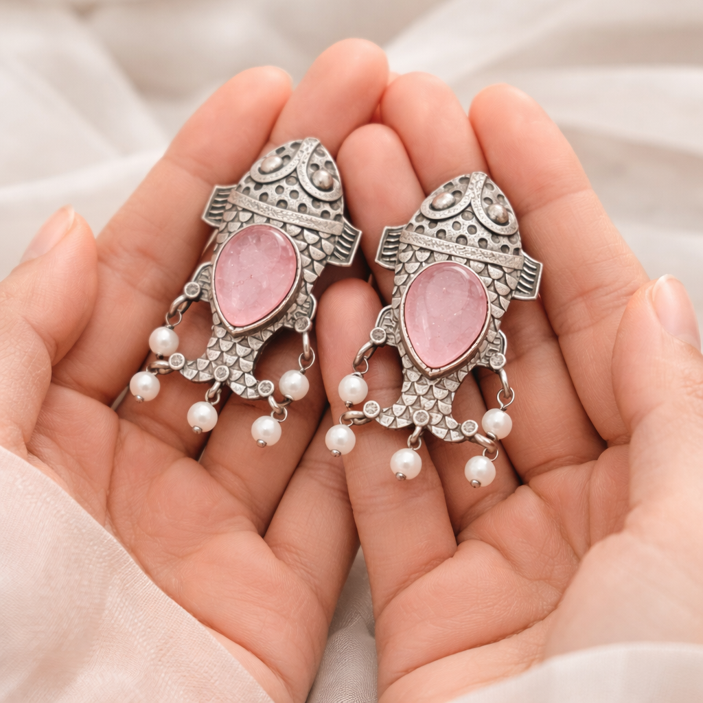 Monalisa stone Statement light-weighted  Fish Design Silver Earrings
