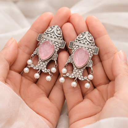 Monalisa stone Statement light-weighted  Fish Design Silver Earrings