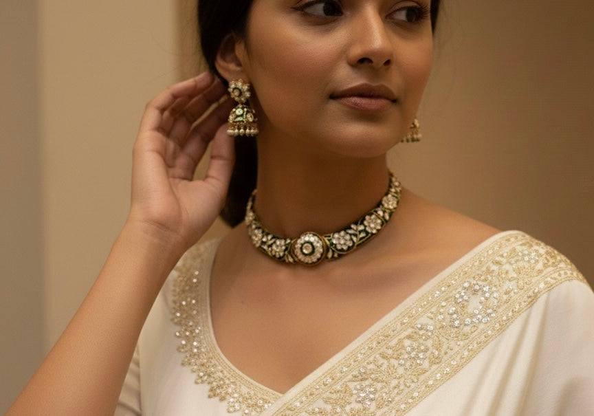 Rajwada - heritage 18k gold plated kundan necklace set with meenakari work