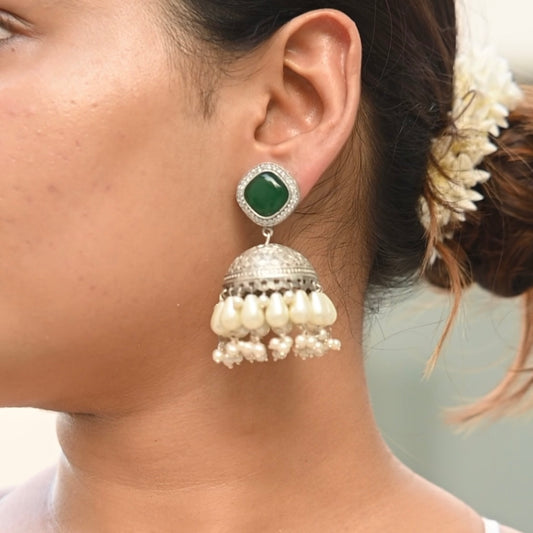 Noor | Monalisa Stone silver Jhumka with white pears