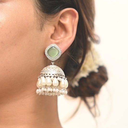 Noor | Monalisa Stone silver Jhumka with white pears