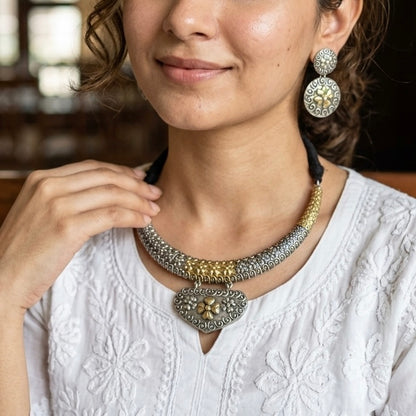 Dual tone german silver & Golden Necklace Set with earrings | Traditional Jewellery | Bloom By Sushmita