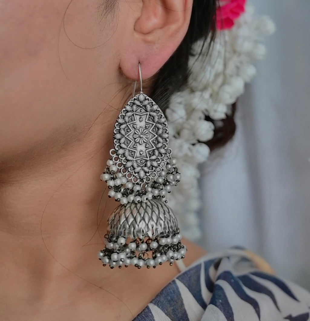 SARANGI - Silver oxidised Jhumka Earrings