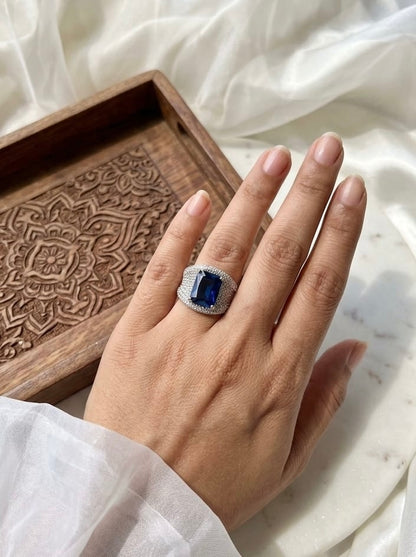 Rhodium Plated Zirconia Studded American diamond adjustable Ring| Hand Jewelry oxidised German silver Rings saree kurta Bloom - By Sushmita India Navratri Diwali Ganpati holi Eid